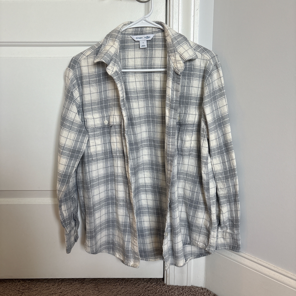 Old Navy Cream and Gray Plaid Boyfriend Shirt